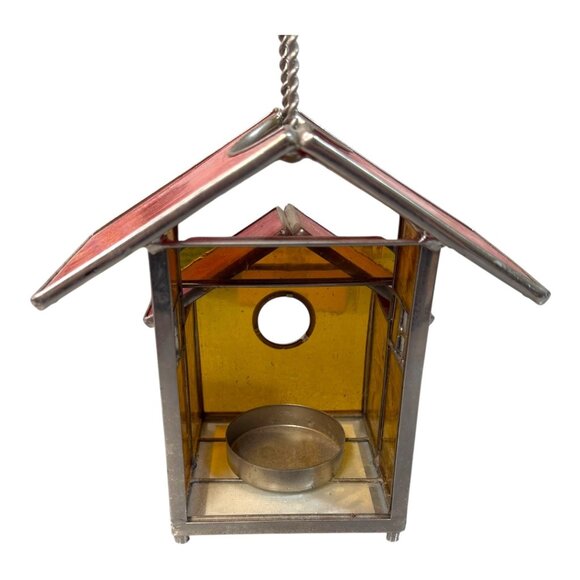 Slag stained glass leaded Lantern Bird House Tea light Candleholder, Red and Amb - Picture 2 of 8